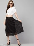 Solid lace mesh skirt, elegant lace net skirts for women, lace fabric skirt from India on a mannequin