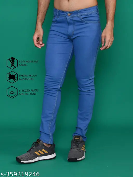 Stylish men's denim jeans, cotton fabric, solid pattern, regular fit, mid-rise, sizes 28-42, India origin
