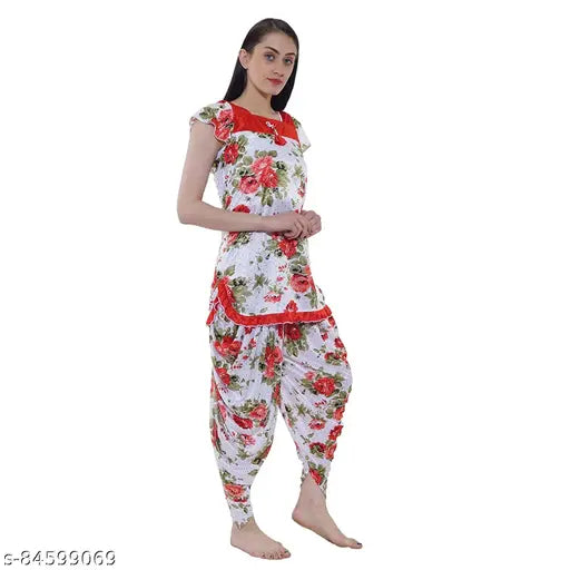 Cotovia Women's Red Floral Print Satin Pyjama Set - Free size, short sleeves, solid pattern nightwear from India