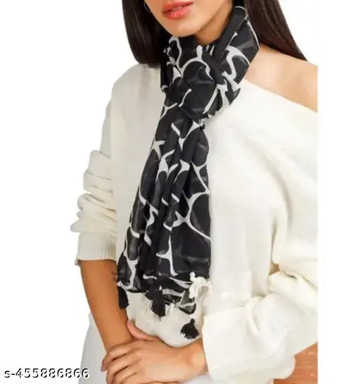 Fancy floral print chiffon scarves with pearl & tassels, premium quality for women & girls - black plain pack of 2