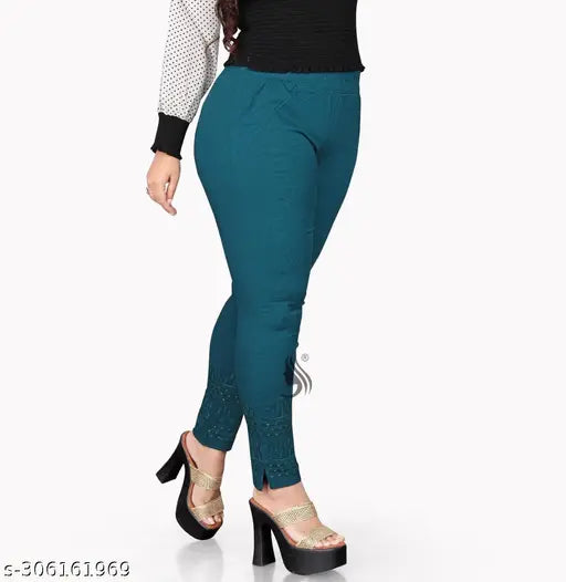 Deep teal cotton-lycra blend trouser for women, stylish regular fit, wardrobe staple