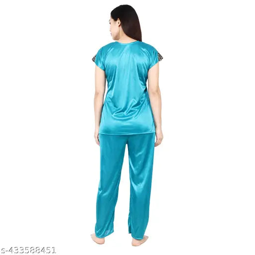 Satin printed nightsuits set for women and girls, solid color pattern in Indian-made pyjama sets with short sleeves