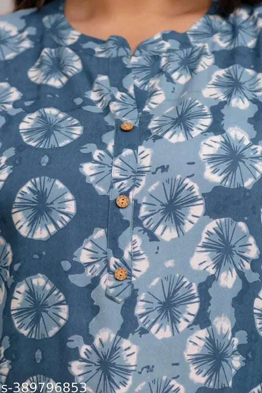 Blue rayon short kurta, printed with trendy motifs, comfortable for M-9XL sizes, Indian origin