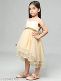 Golden net sleeveless hi-low embellished party dress for toddlers, ages 2-7, India origin