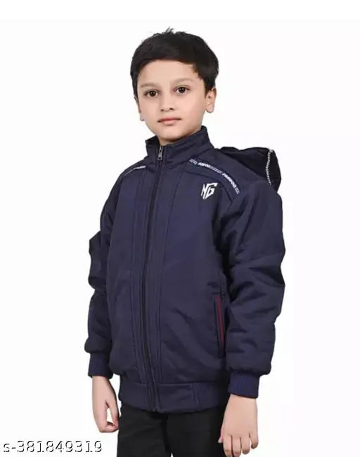 Dark blue cotton kids winter jacket with printed net design, stylish and warm for cold weather play (0-12 years)