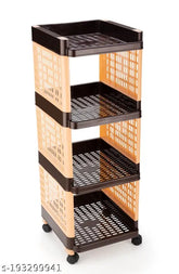 Brown and Ivory Bience Plastic Multi-Purpose Storage Organizer for Kitchen & Office (4 Tiers) with Wheels, perfect for organizing kitchen utensils, office documents, or bathroom items. Ideal for easy movement with smooth rolling wheels. Assembles in minutes without tools
