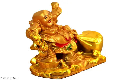 Resin gold Vastu Feng Shui Potli Laughing Buddha with wealth bag, enhancing good luck and prosperity for home office or altar decor