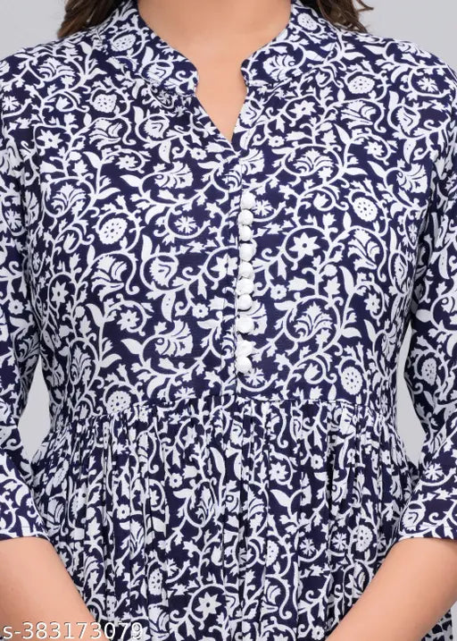 Rayon printed trendy ensemble kurti for girls, three-quarter sleeves, new hit fashion, India origin