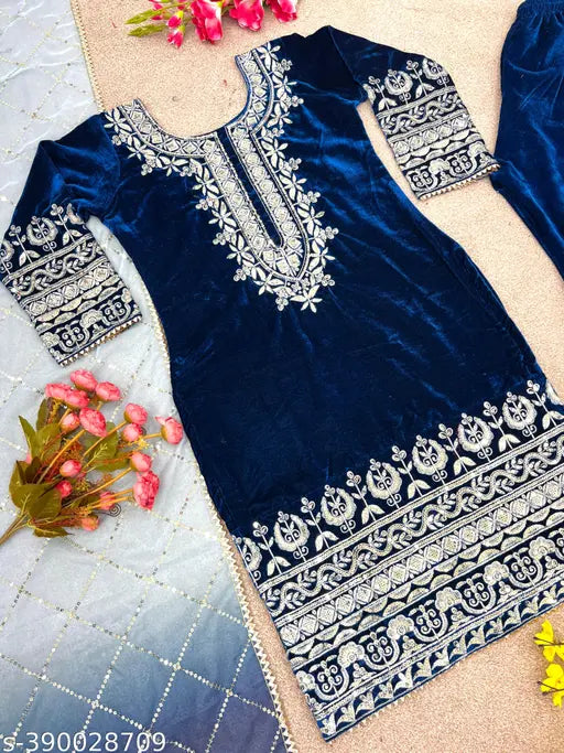Heavy viscose velvet party wear with embroidery, full sleeves top and dupatta. Rich Pakistani-inspired design ready to wear