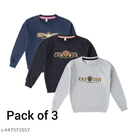 Cotton blend boys' fancy sweatshirt pack of 3, navy grey and black, printed net pattern, long sleeves