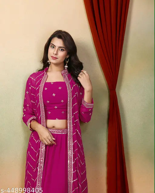 Georgette crop top and lehenga set with embroidered jacket, rich Indian ethnic wear in various sizes
