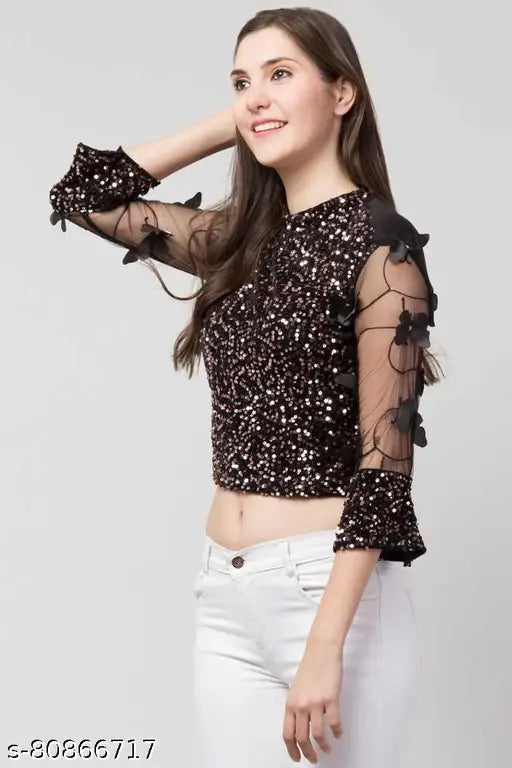 Brown cotton blend sequin embellished top with three-quarter sleeves, suitable for casual wear. India origin