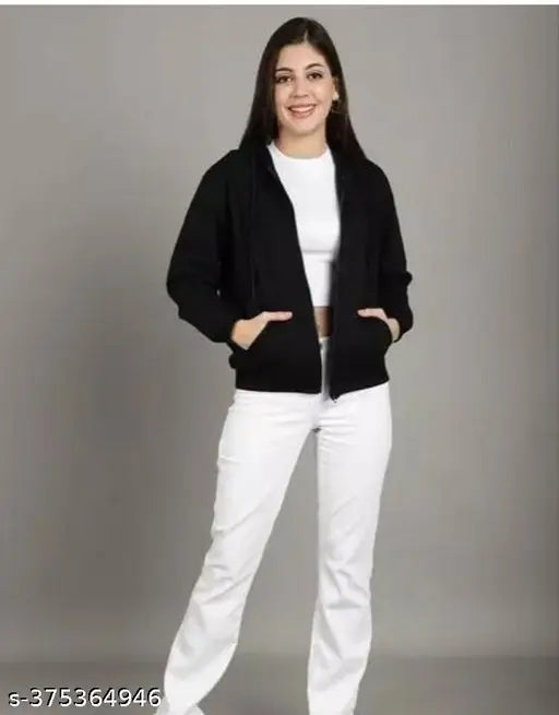 Black fleece zipper hoodie for women, stylish and trendy fashion wear on mannequin