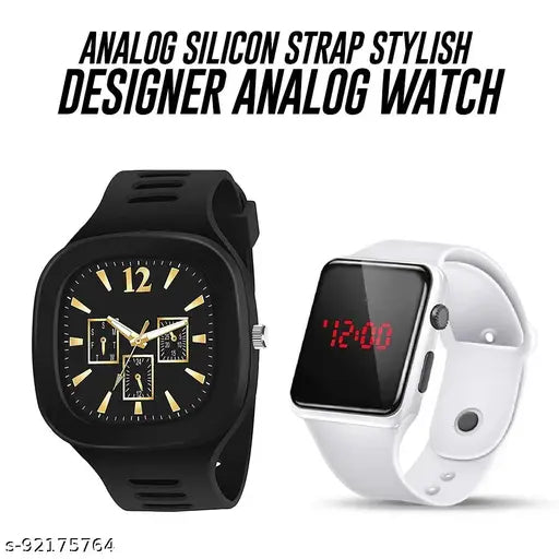 Black Square Watch, multicolor dial, silicon strap & free white digital band for men & boys, graced with gold hour markers on display