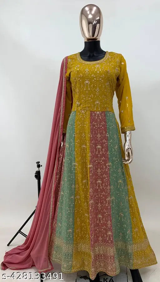 Yellow, green, and pink embroidered full-stitched Georgette gown with Santoon inner and matching dupatta. Indian ethnic gown for every occasion