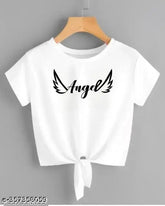 White acrylic cropped angel top with printed net design, short sleeves, size S (32in bust, 18in length)