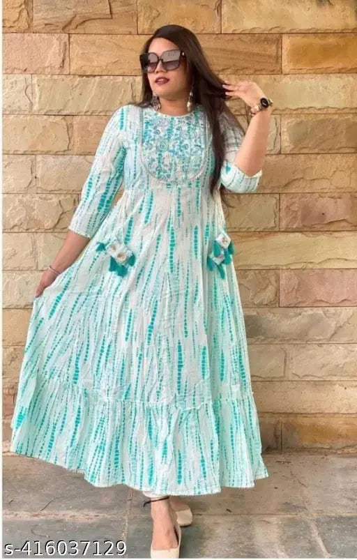 Green Rayon Embroidered Festival Gown with Tie-Dye Print, three-quarter sleeves, S-XXXL sizes available, perfect for festive occasions