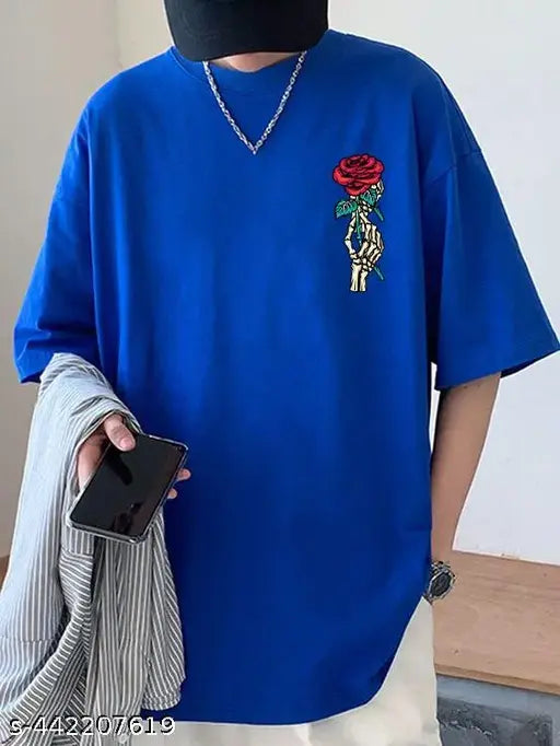 Roses Of Skeleton Royal Blue Oversized Unisex Cotton Blend T-shirt with three-quarter sleeves, printed pattern on display