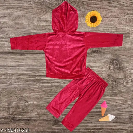 Red velvet baby winter set with teddy bear applique, ideal for cozy play