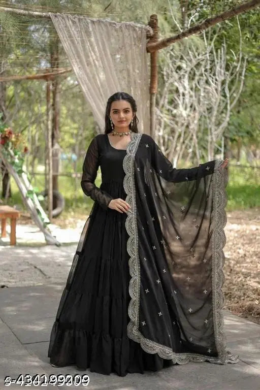 Georgette black RAYA gown, solid-pattern long-sleeve formal wear for women - XS (34in bust, 14in shoulder), India