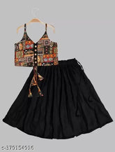 Ethnic wear kids top and bottom set, rayon lehenga with satin dupatta and sleeveless design, embellished in Indian craftsmanship
