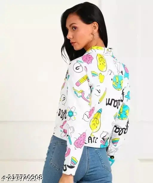 Trendy designer twill/denim printed jacket for women, long sleeves, denim fabric, size L, India-made fashion apparel