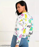 Trendy designer twill/denim printed jacket for women, long sleeves, denim fabric, size L, India-made fashion apparel