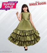 Green Silk Blend Solid Pleated Girls Dress, packed with elegance and style for ages 3-16. Made from soft blackberry silk blend, perfect for parties and celebrations