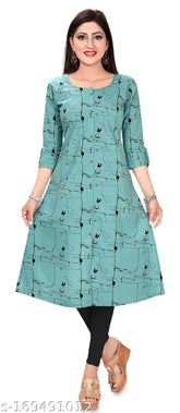 Mint green cotton abstract printed long kurti with front slit and three-quarter sleeves, show buttons, and round neck - Indian fashion for women