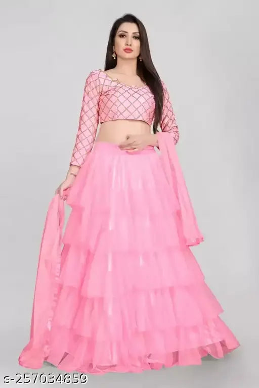 Art Silk and Net lehenga with checked top and ruffled dupatta, semi-stitched, Indian fashion wear