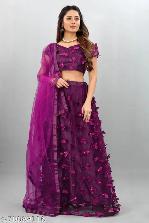 Purple net embroidered semi-stitched Lehenga-Choli with quirky dupatta, handcrafted in India