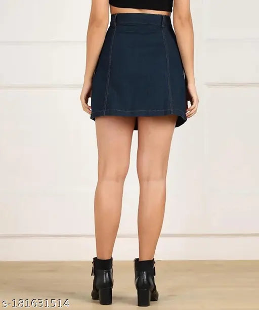 Dark blue denim mini skirt, Western style jeans for summer - stretchable women's denim skirt on display