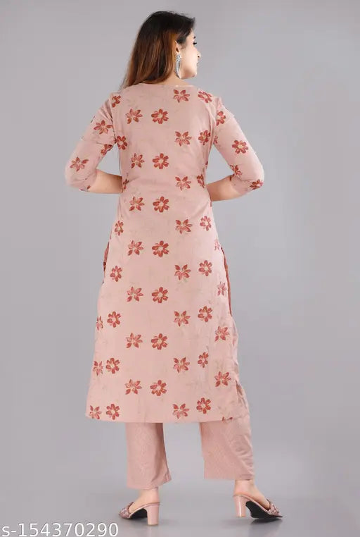 Peach stitched cotton women's salwar suit, straight fit, printed net design, three-quarter sleeves
