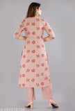 Peach stitched cotton women's salwar suit, straight fit, printed net design, three-quarter sleeves