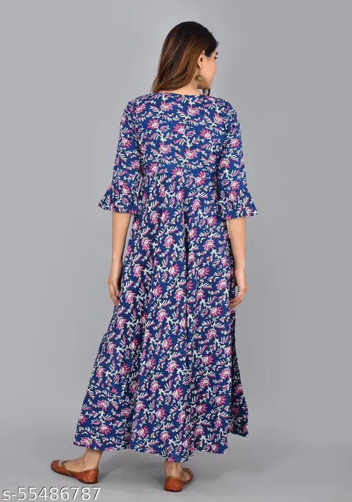 Blue Rayon Women's A-Line Round Neck Bell Sleeves Printed Kurta, traditional Indian ethnic wear with three-quarter sleeves