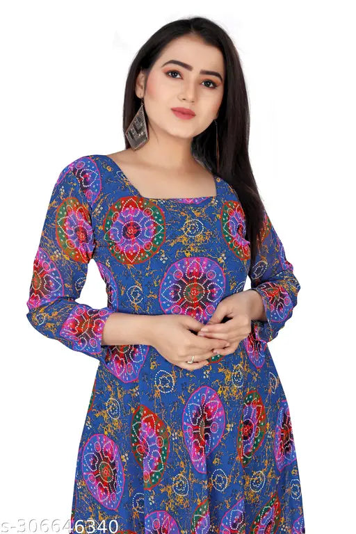 Bandhani Printed Women's Georgette Kurti, long sleeves, big size available, Indian export