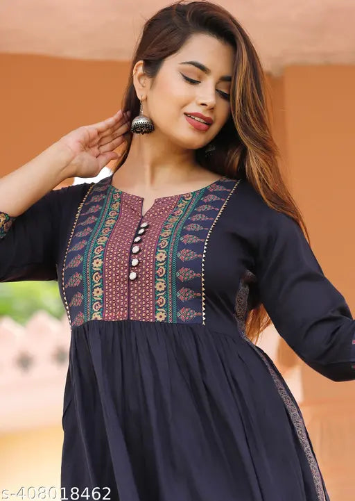 Rayon printed Naira cut kurtas for women and girls, three-quarter sleeves fashion from India