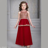 Bansi Red crepe kurta set with dupatta and bottomwear, embroidered in various sizes for kids aged 2-11 years, Indian attire on display
