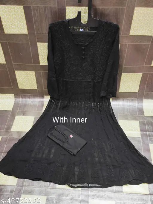 Chikankari embroidered georgette Anarkali kurti, chiffon sleeves, Lucknowi craftsmanship, Indian traditional fashion