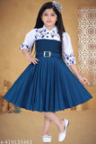 Blue crepe knee-length party dress for kids, features three-quarter sleeves and printed pattern. Made in India