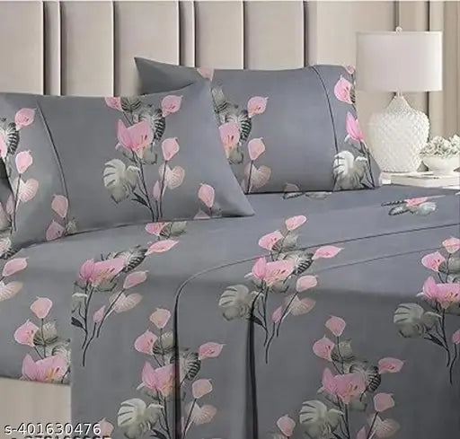 White and linen glace-cotton double bed sheets with floral pattern, includes 2 pillow covers, ideal for summer use