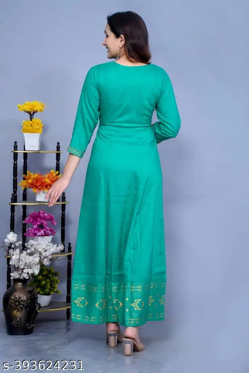 Rayon Solid Anarkali Kurta, gold embroidered yoke, three-quarter sleeves, India