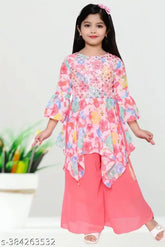 Embellished pink chiffon girls kurta & palazzo set, A-line shape with three-quarter sleeves. Sizes: 4-5yrs, 5-6yrs, 6-7yrs, 7-8yrs, 8-9yrs, 9-10yrs, 10-11yrs, 11-12yrs. Made in India