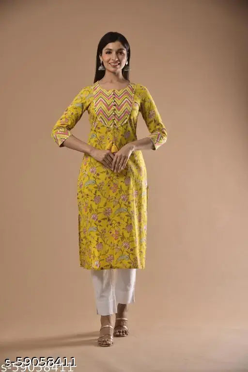 Yellow plus size printed cotton kurta with three-quarter sleeves, ideal for Indian fashion