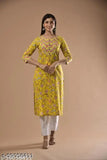Yellow plus size printed cotton kurta with three-quarter sleeves, ideal for Indian fashion