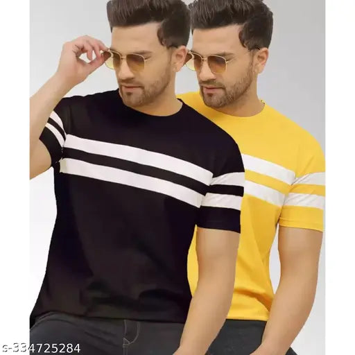 Black and yellow striped cotton blend mens half t-shirt casual wear combo pack of 2, flexible ribbed crew neck, regular fit, unisex, made in India