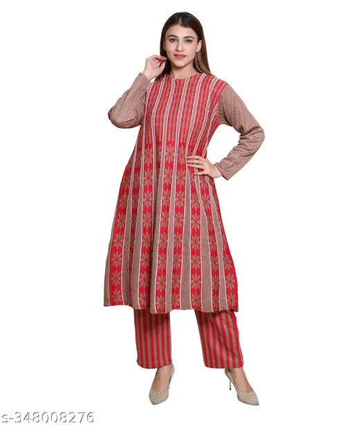 Woman in a traditional ethnic set with red and beige patterns