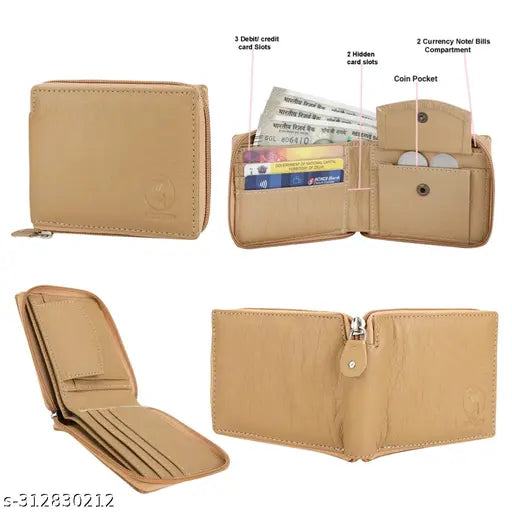 Vegan leather round zip wallet, faux leather/leatherette, dual-purpose for men's & women's, solid pattern, 3 card slots, 2 currency compartments, 1 coin pocket, 2 secret pockets, zip closure, free size (11cm x 9cm), made in India