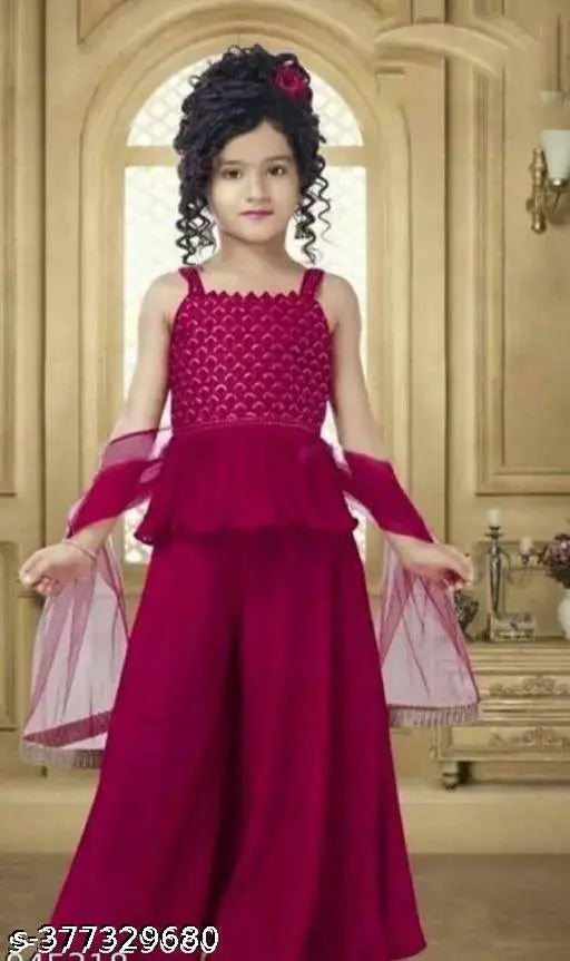 Kids polyester Anarkali palazzos set with embroidered sleeveless top and dupatta, Indian traditional clothing for 2-13 year old girls