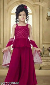 Kids polyester Anarkali palazzos set with embroidered sleeveless top and dupatta, Indian traditional clothing for 2-13 year old girls